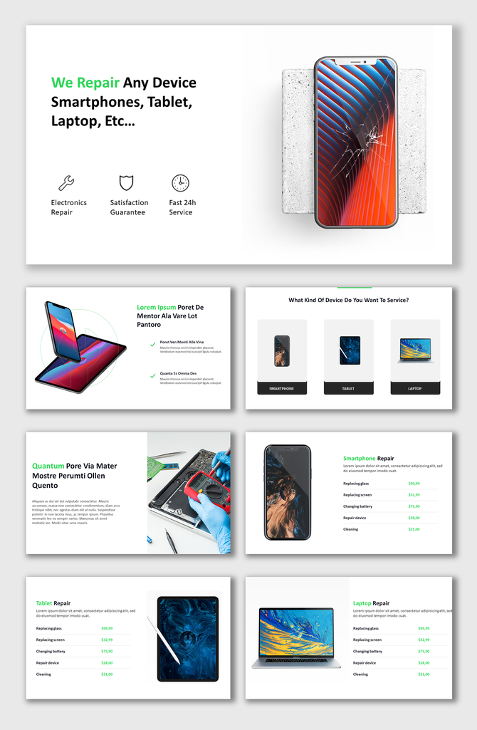 Slide deck for electronic repair services showcasing smartphones, tablets, and laptops with pricing and service details.