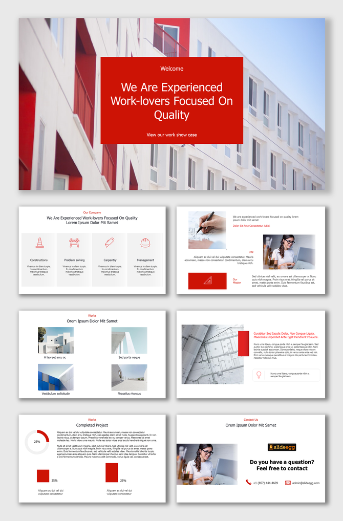 Red and white themed slide pack with building visuals, icons, charts, and text sections for a company profile presentation.