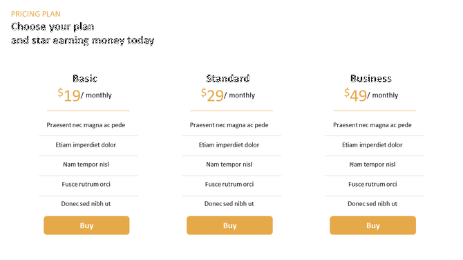 Subscription pricing table showing Basic, Standard, and Business plans with monthly rates and identical feature lists.