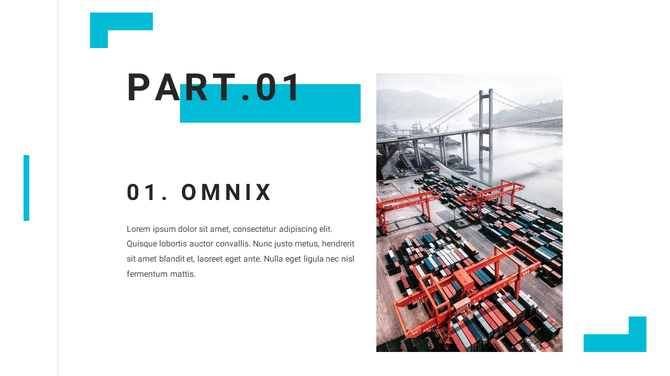 A clean, modern slide with a blue accent design, showing the section alongside an image of a shipping yard and a crane.