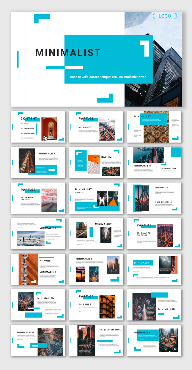 Modern minimalist slides with a blue and white color scheme, featuring architectural images and clean layouts.