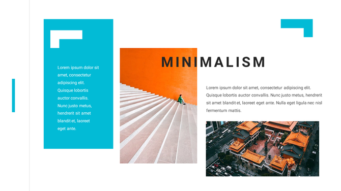 Minimalist design slide featuring an orange staircase with a seated person, a blue text block and an photo of buildings.