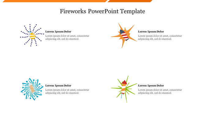 Four colorful fireworks illustrations with decorative bursts and text descriptions placed to the right.