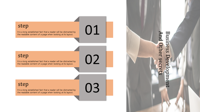 Business presentation slide with three numbered steps, and a blurred background image of a handshake on the right.