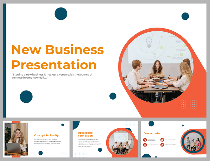 New business presentation slides with a quote, team meeting image, and sections for concepts, foundation, and contact info.
