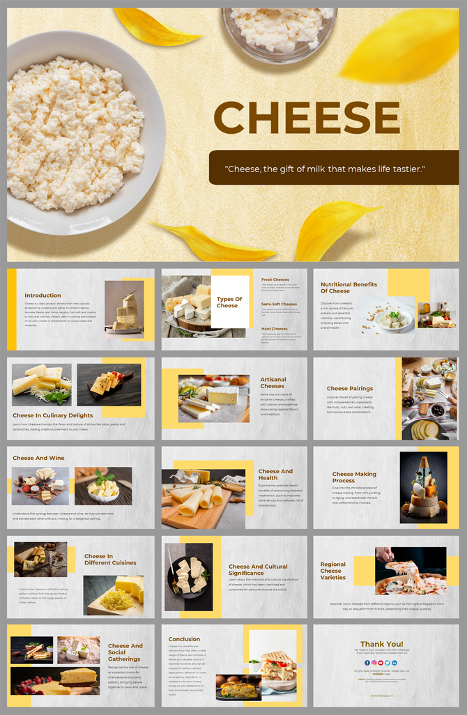 A pack of cheese slides featuring various types with a prominent header and colorful layouts on a yellow backdrop.