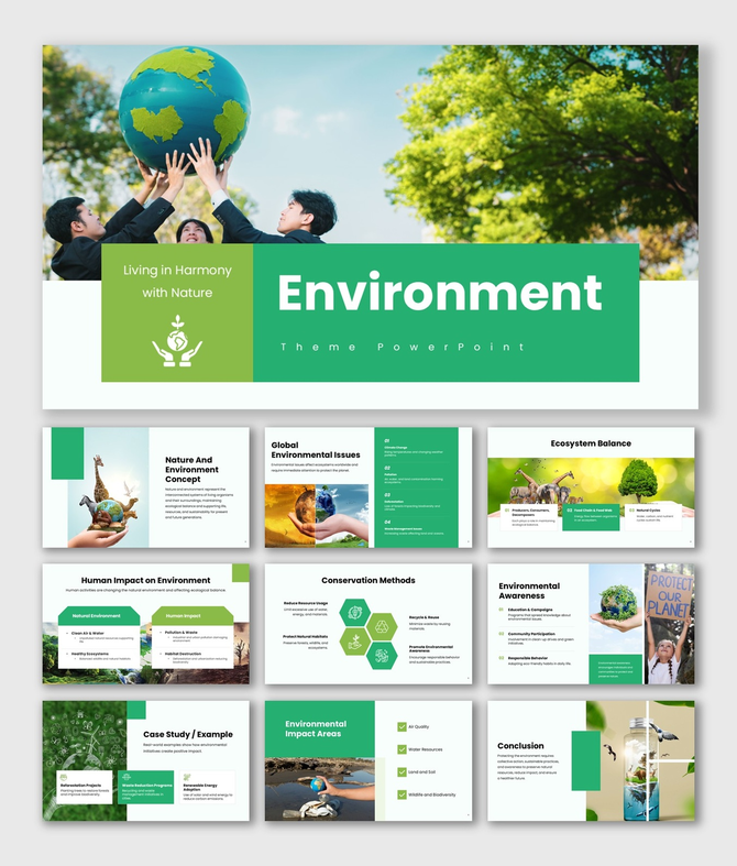 Environment slide with green theme, globe visuals, nature images, eco charts, icons, shapes, and clean layouts for insights.