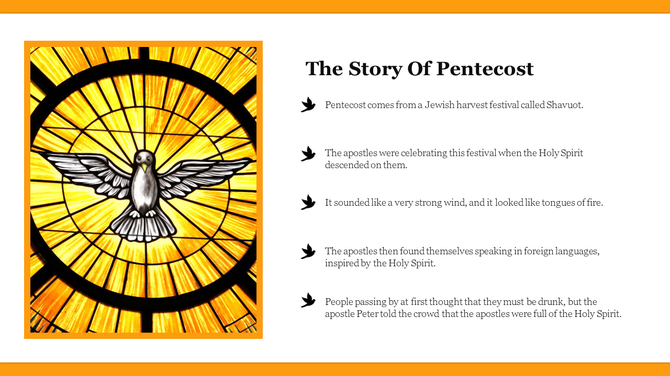 Illustration of the holy spirit as a dove with light rays, paired with bullet points describing the Pentecost story.