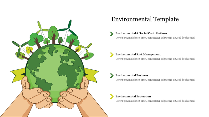 Environmental infographic with a globe illustration, eco icon, and four labeled sections titled contributions and protection.