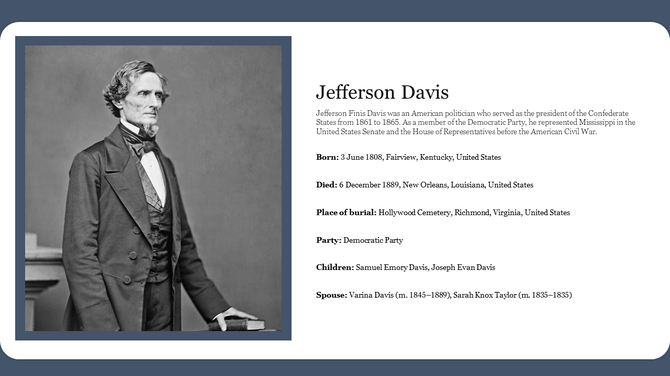 Slide with a grayscale portrait of Jefferson Davis and biographical details on the right with a blue border.