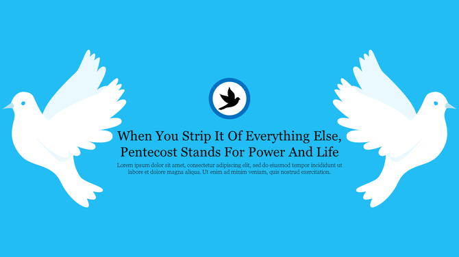 Two white doves on either side of text with circular icon in the center, set on a blue background.