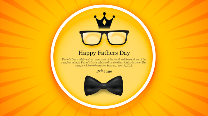 Father's day themed image featuring a black crown, glasses, and a bowtie inside a yellow circle, with an orange background.