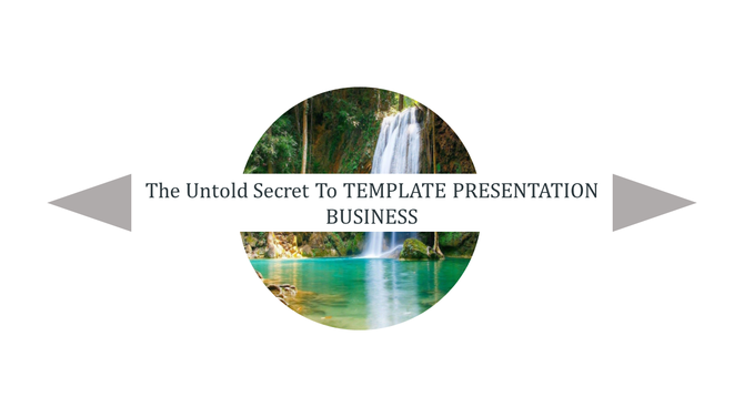 Business slide with a circular nature image of a waterfall, featuring a text overlay and gray arrows pointing inward.
