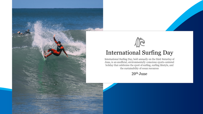 Surfer in action on ocean waves beside a text box highlighting international surfing day, celebrated on June 20.