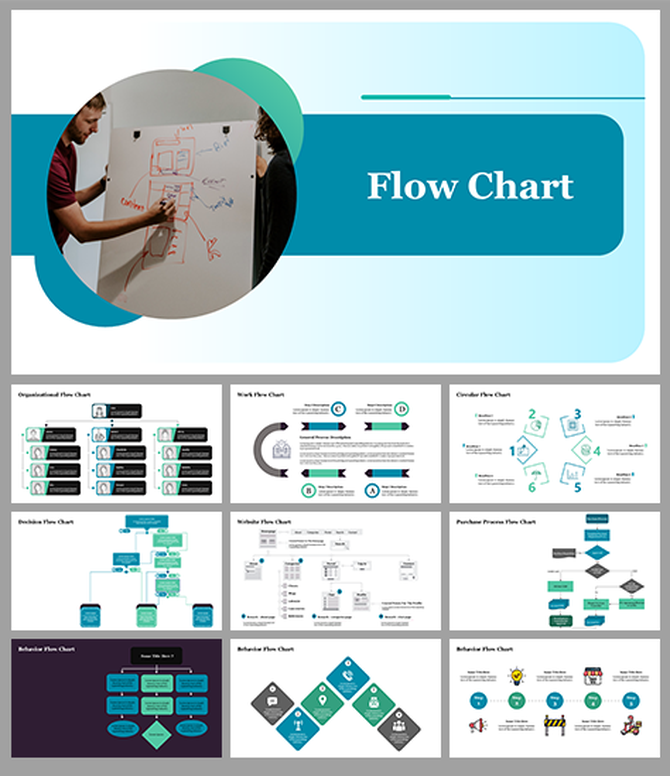 Flow chart PPT slides featuring various process and organizational charts with illustrations of a person drawing a chart.