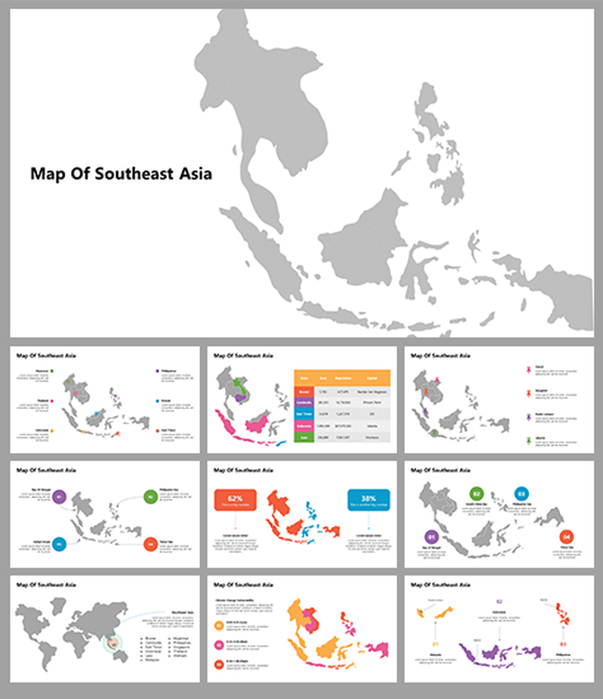 Map of Southeast Asia featuring infographics slides with color coded regions, percentage data, and statistical charts.