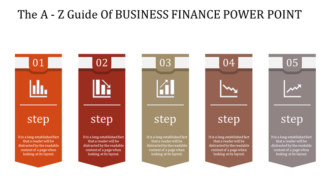 Business finance PowerPoint template with five steps, each represented by an icon showing different financial trends.