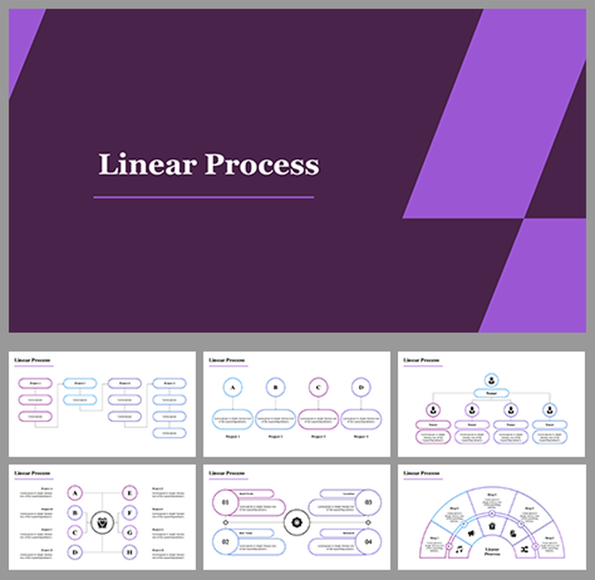 Slide deck on linear processes, using purple tones with flowcharts, timelines, and circular diagrams to illustrate steps.