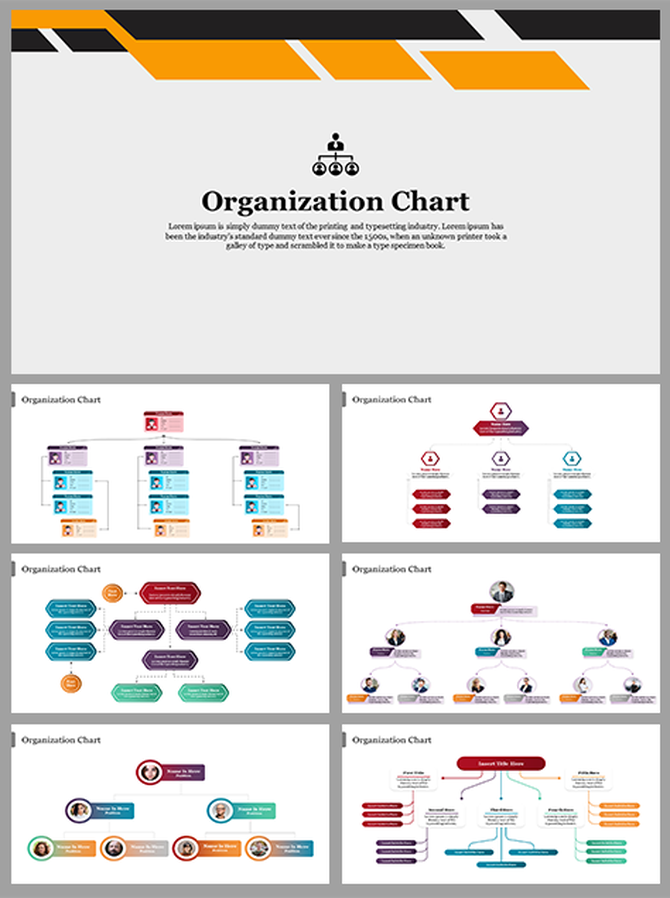 Organization chart design cover and six sample layout slides with multicolor hierarchy trees and team member photos.