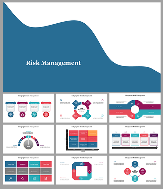 Slides with various circular, hexagonal, and bar charts in shades of blue, purple, and pink, illustrating risk management.