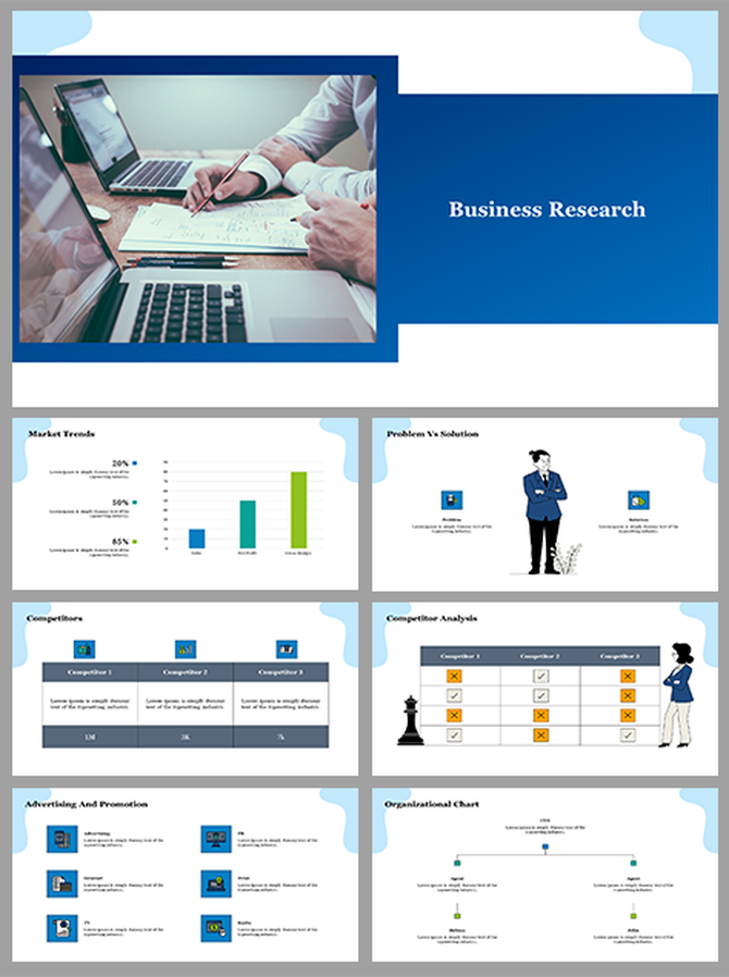 Business research PowerPoint template with slides showing market trends, competitor analysis, and organizational chart.