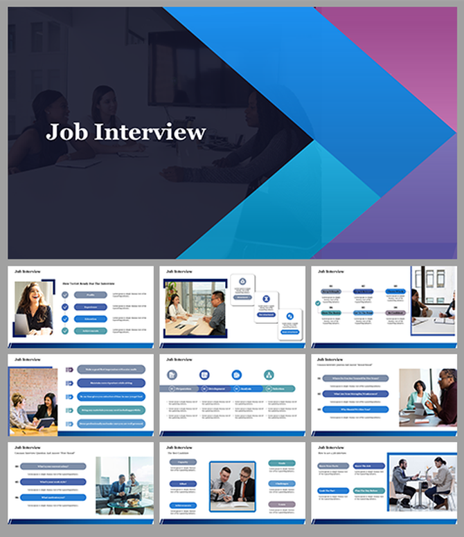 Job interview slides featuring questions, answers, and interview tips with various images.