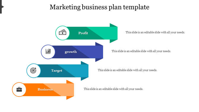 Business plan visual with gradient arrows and icons, illustrating profit, growth, target, and business hierarchy.