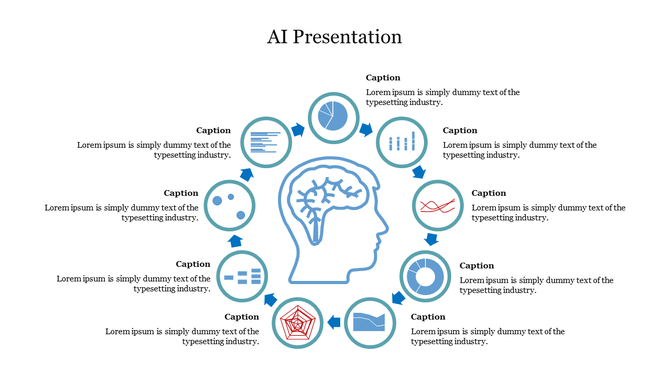 AI slide with a brain graphic in the center and interconnected data icons surrounded with caption areas.