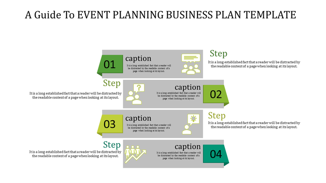 Event planning business plan template with four steps in green and gray blocks, each containing captions and icons.