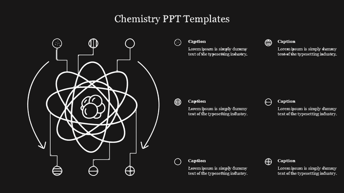 Chemistry slide featuring a central atom graphic with orbiting electrons on a black background, with placeholder text.