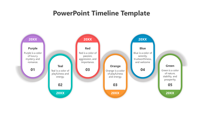 Timeline template with colorful oval icons for five years, each representing a different color and description areas.