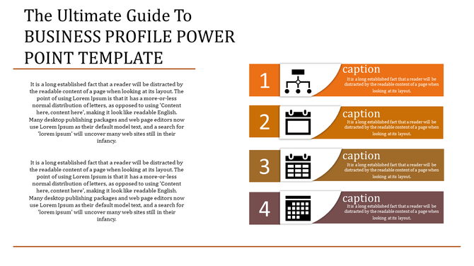 Business profile template with four numbered boxes in orange having icons and caption areas in a grey backdrop.