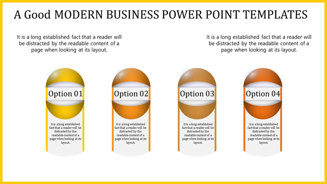 Business PowerPoint slide with four options represented by colorful rounded blocks and placeholder text.