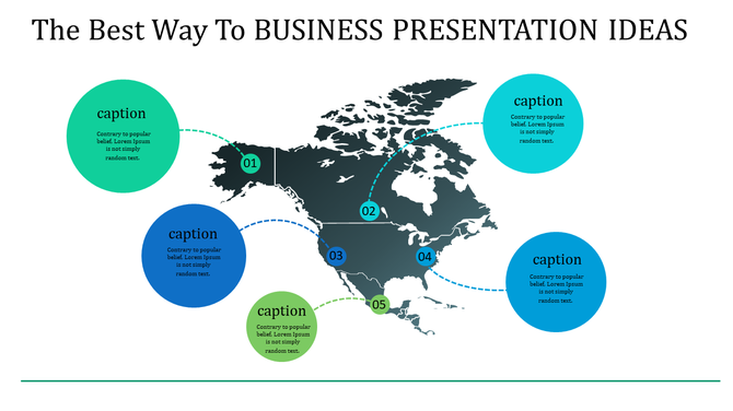 Business presentation slide showing a map with five numbered points linked to captions in colorful circles.