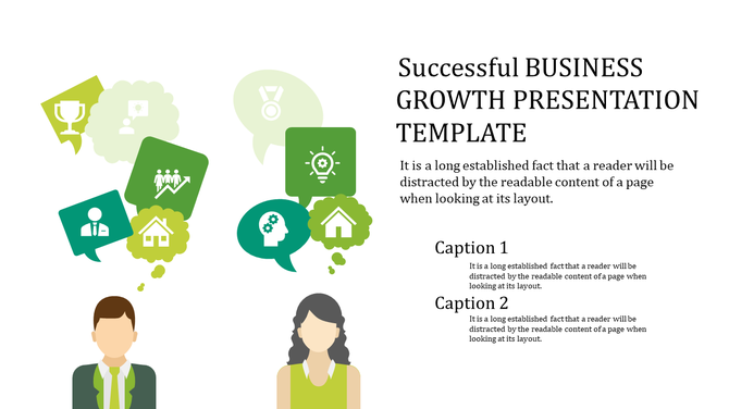 Successful business growth slide showing thought bubbles with icons for leadership, innovation, and community with captions.