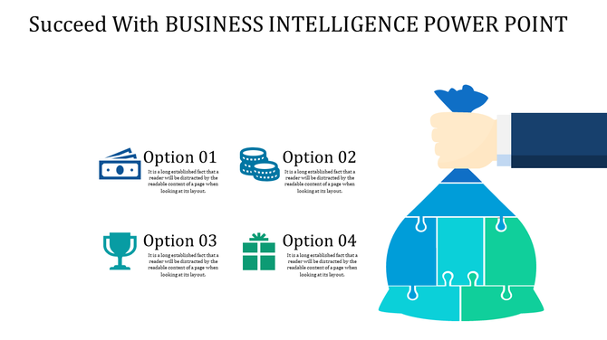 Hand holding a blue and green puzzle piece sack on the right, with four icons and text options aligned on the left.