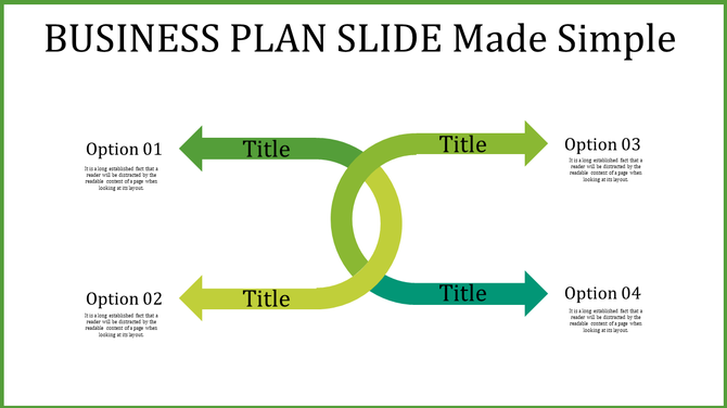 Green-themed business plan template with two interlocking arrows and labeled option sections.