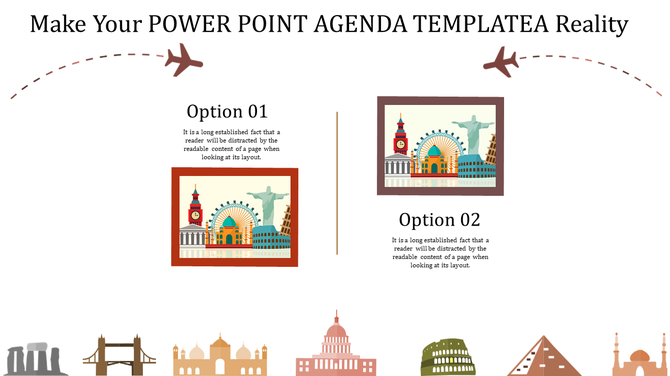 Agenda slide featuring global landmarks in frames labeled option 01 and option 02, with a flying airplane graphic. 
