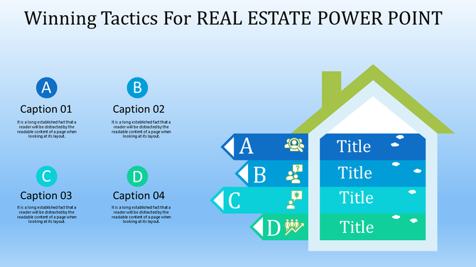 Real estate themed slide featuring a green and blue house icon, four labeled sections, and captions with circular icons.