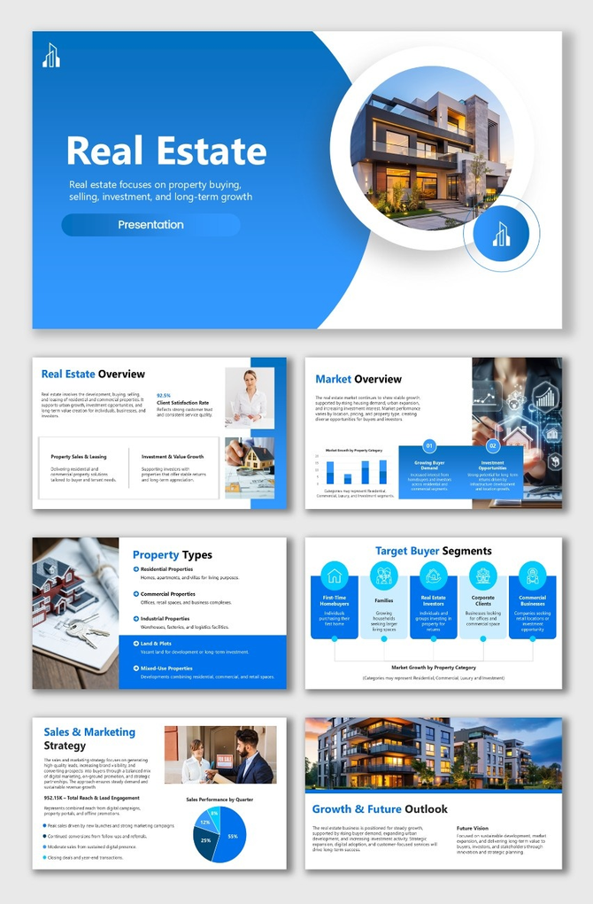 Real Estate PowerPoint with blue theme, property images, charts, icons, and structured text blocks.