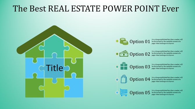 Real estate slide featuring a house-shaped jigsaw puzzle design in green and blue, with five options.