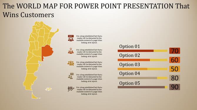 PowerPoint slide showing a world map with highlighted regions and five options with varying percentages.
