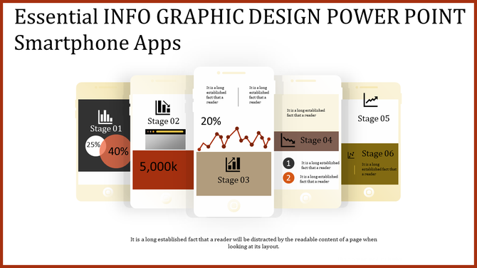 Slide with five smartphone shaped panels in black, red, white, and brown tones, showcasing stage designs.