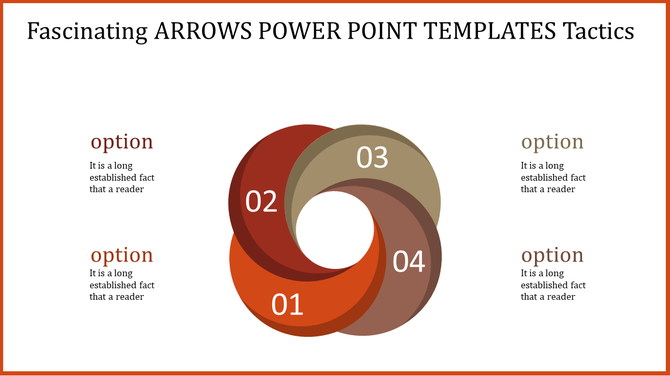Arrows PowerPoint template with four numbered options arranged in a colorful circular flow with placeholder text.