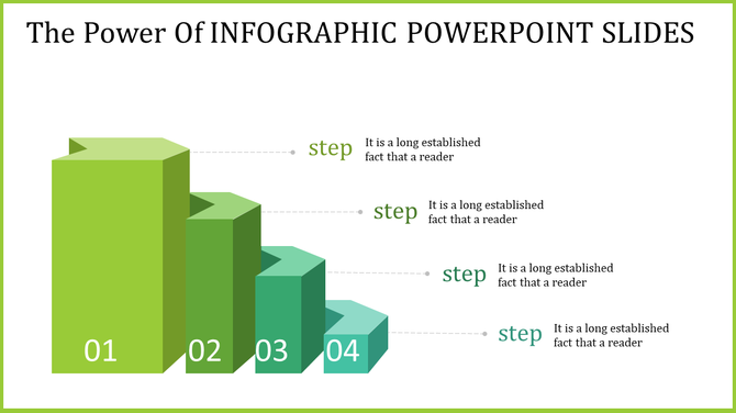 Infographic PowerPoint template showing four steps with green bar chart style icons and descriptions.