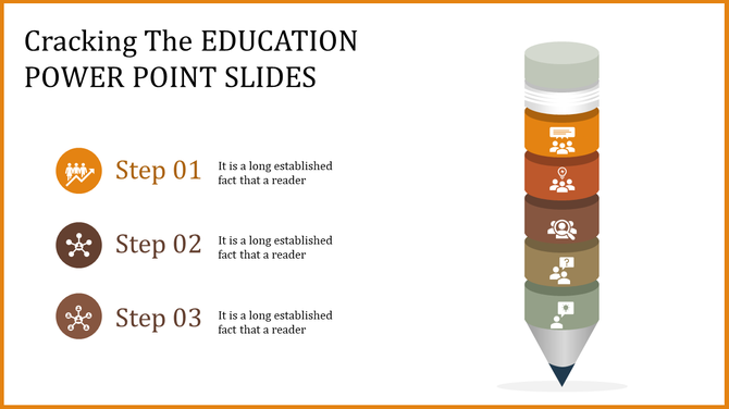 Education themed slide with a pencil illustration on the right and three labeled steps on the left in orange and brown tones.