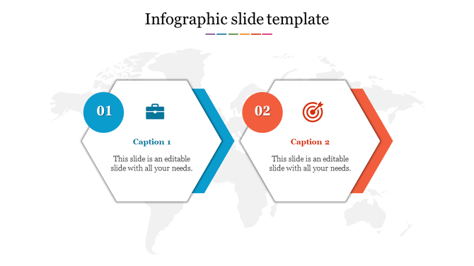Two hexagonal shapes in blue and orange with icons and captions, placed horizontally over a light world map background.