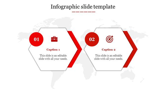 Visual template with two red hexagons on a world map background, each containing an icon and placeholder areas.