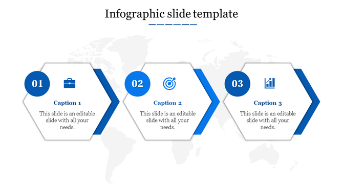 Infographic slide with three hexagonal icons placed on a world map backdrop with captions.
