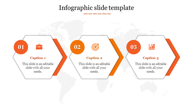 Infographic with three orange hexagons showcasing icons for work, target achievement, and statistics, with caption areas. 